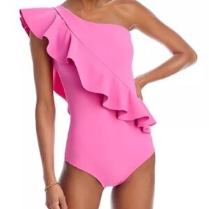 Chiara Boni Ruffle Asymmetric One Piece Pink Swimsuit Size 10